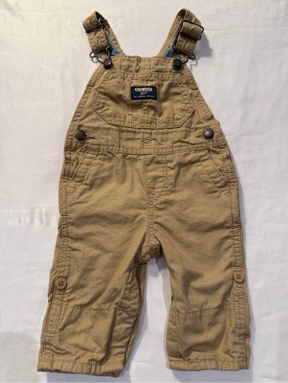 OshKosh B’gosh Khaki Baby Overalls 6M Plaid Lined Roll Cuff